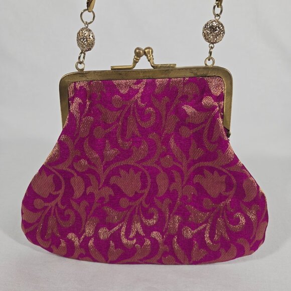 VINTAGE - ANTIQUE Bridgerton Hipster FUCHSIA Embellished Gold Details Clutch Bag - Picture 6 of 17